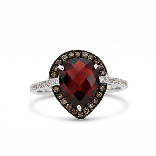 Pear Garnet & 20 Round, 22 Brown Diamond Ring