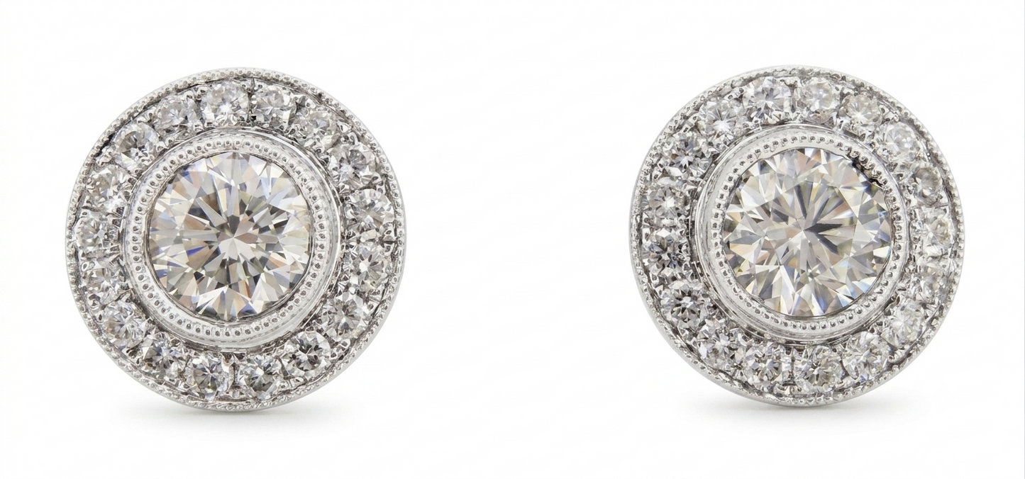 1.89ct Bezel-Set Diamond Milgrain Halo Stud Earrings