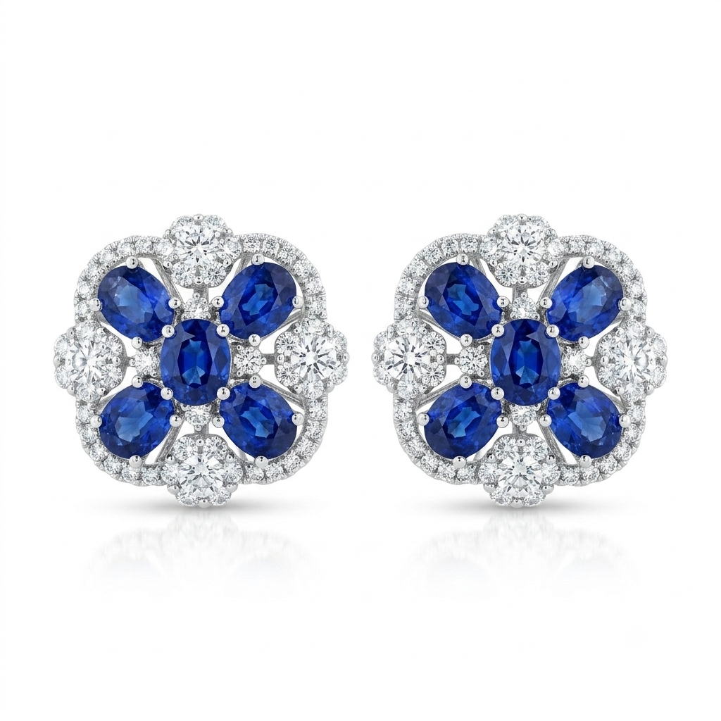 5.19 Carat Sapphire and Diamond Flower Cluster Clip Earrings
