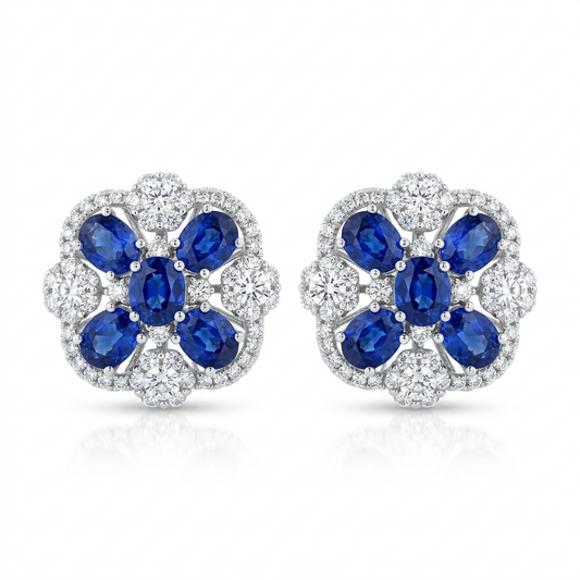5.19 Carat Sapphire and Diamond Flower Cluster Clip Earrings