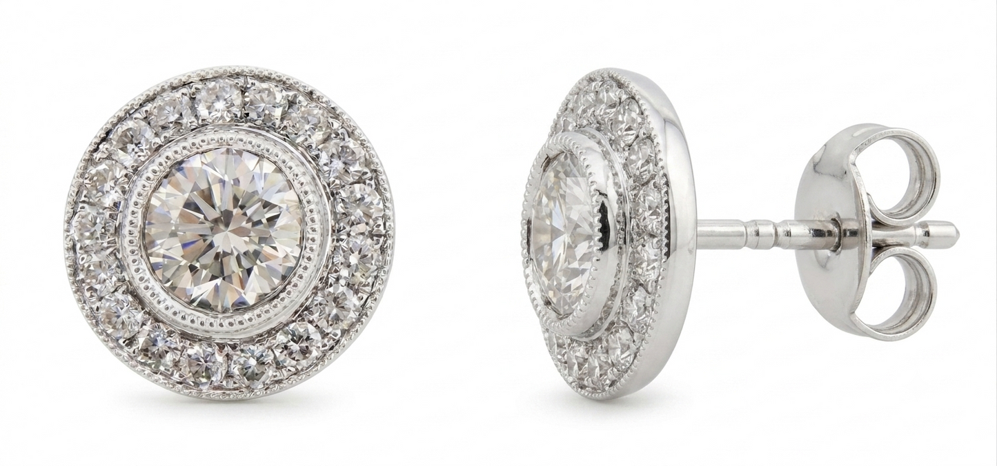 1.89ct Bezel-Set Diamond Milgrain Halo Stud Earrings