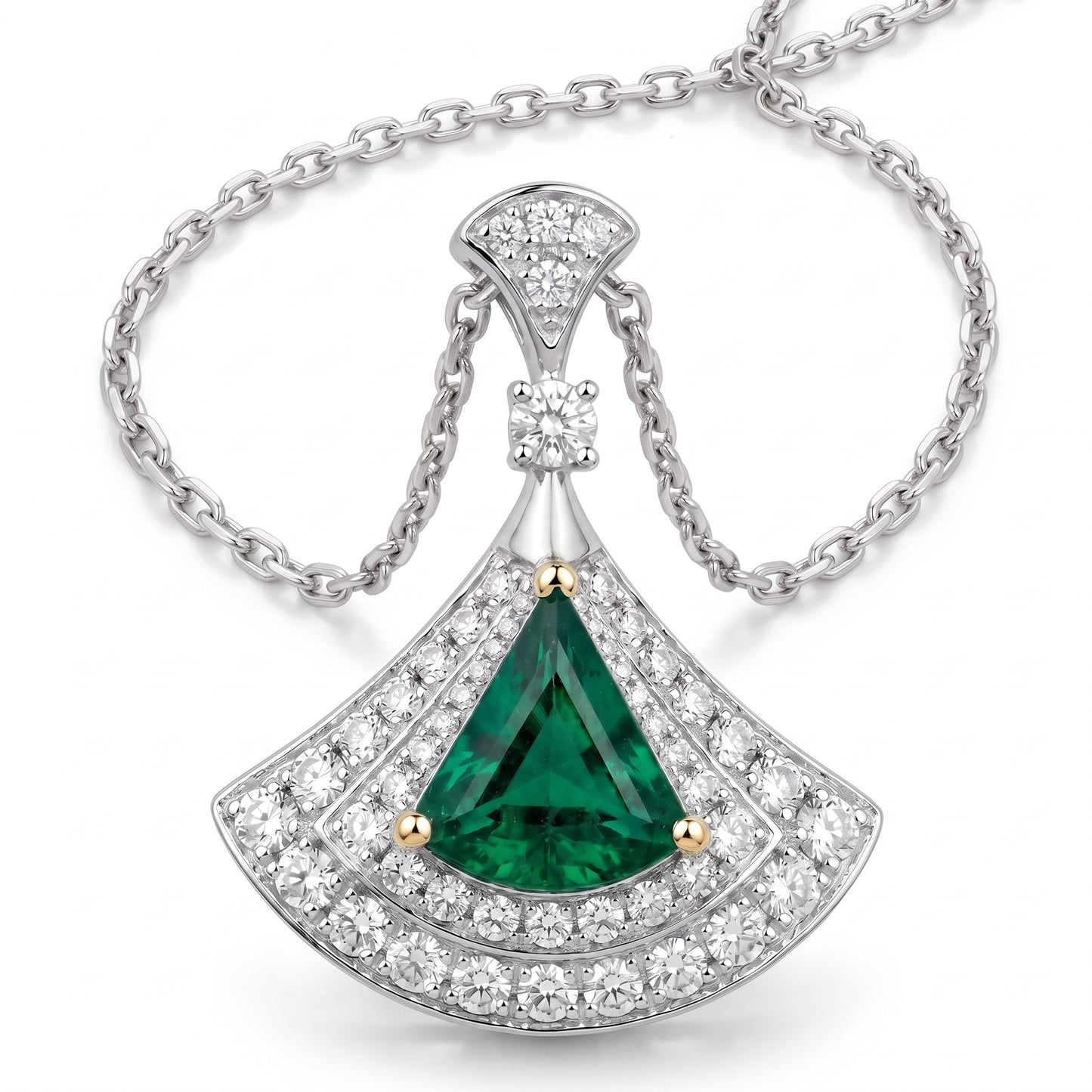 1.60ct Emerald & Diamond Fan Pendant Necklace in 14K White Gold