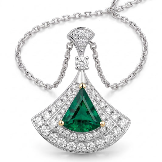 1.60ct Emerald & Diamond Fan Pendant Necklace in 14K White Gold