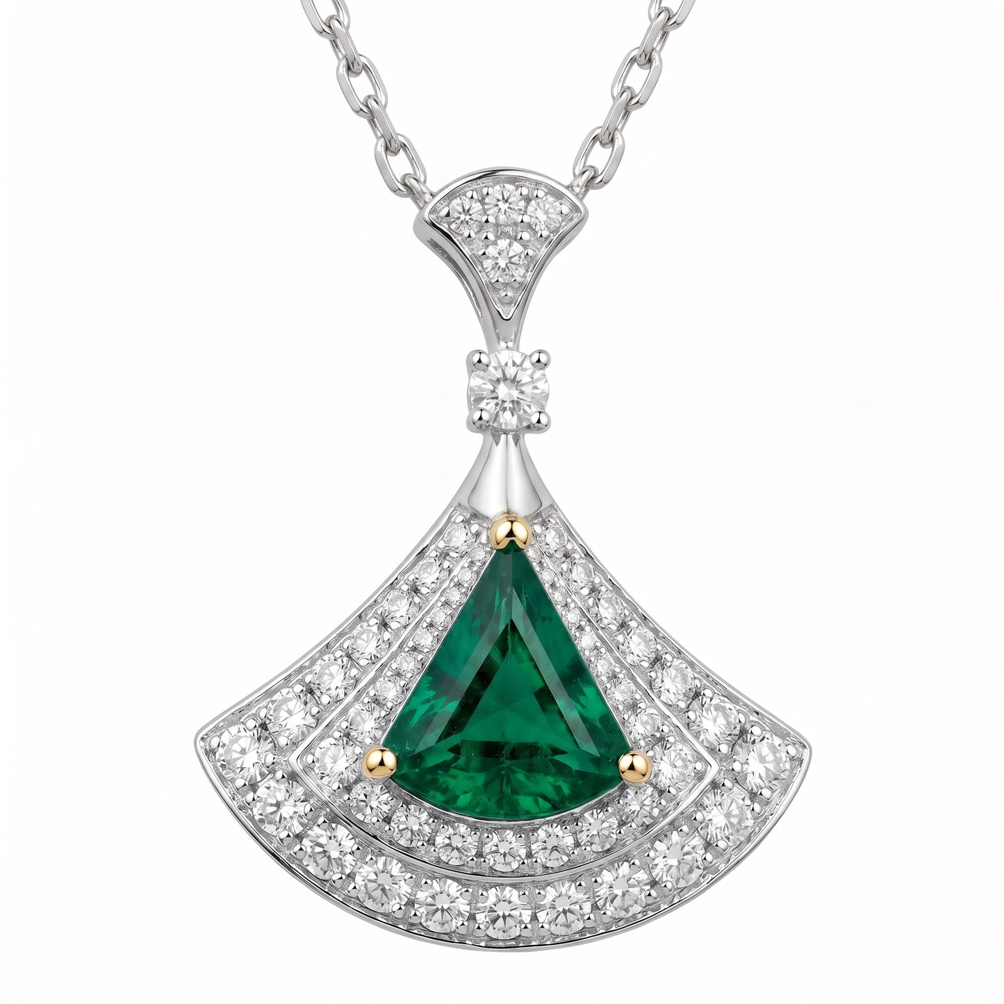1.60ct Emerald & Diamond Fan Pendant Necklace in 14K White Gold
