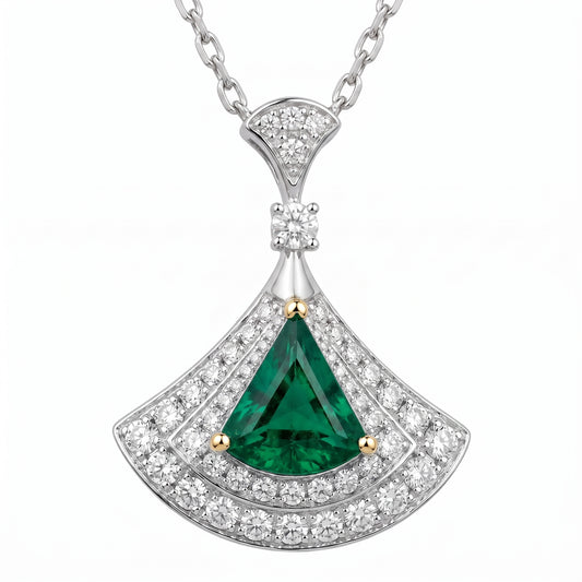 1.60ct Emerald & Diamond Fan Pendant Necklace in 14K White Gold