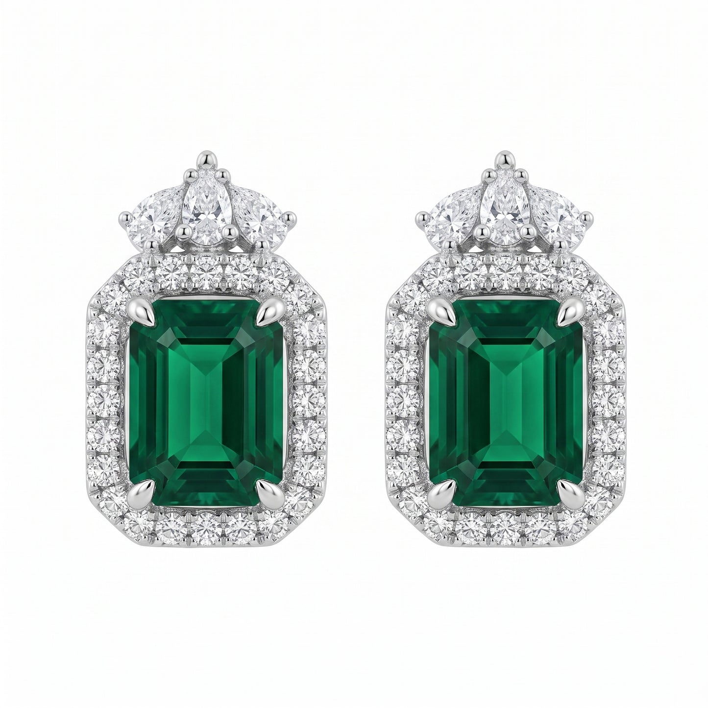 3.82ct Emerald-Cut Emerald Halo Earrings with Diamond Drop