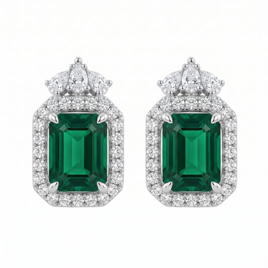3.82ct Emerald-Cut Emerald Halo Earrings with Diamond Drop
