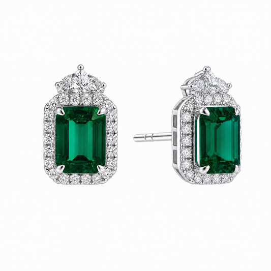 3.82ct Emerald-Cut Emerald Halo Earrings with Diamond Drop