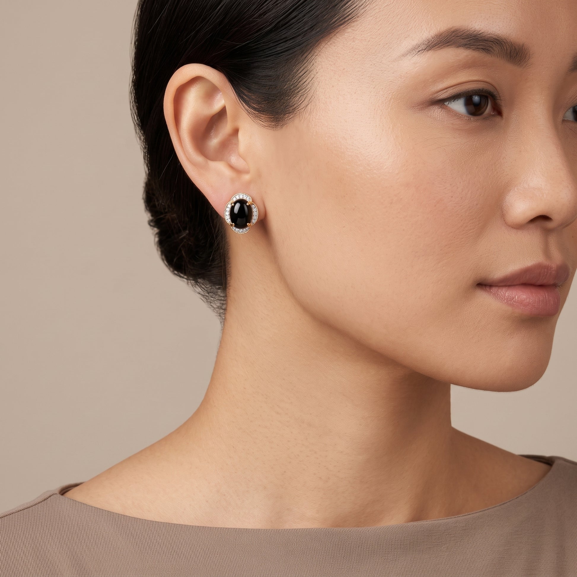 Black Jade & Diamond Clip Earrings in 14K yellow gold shown worn on the ear