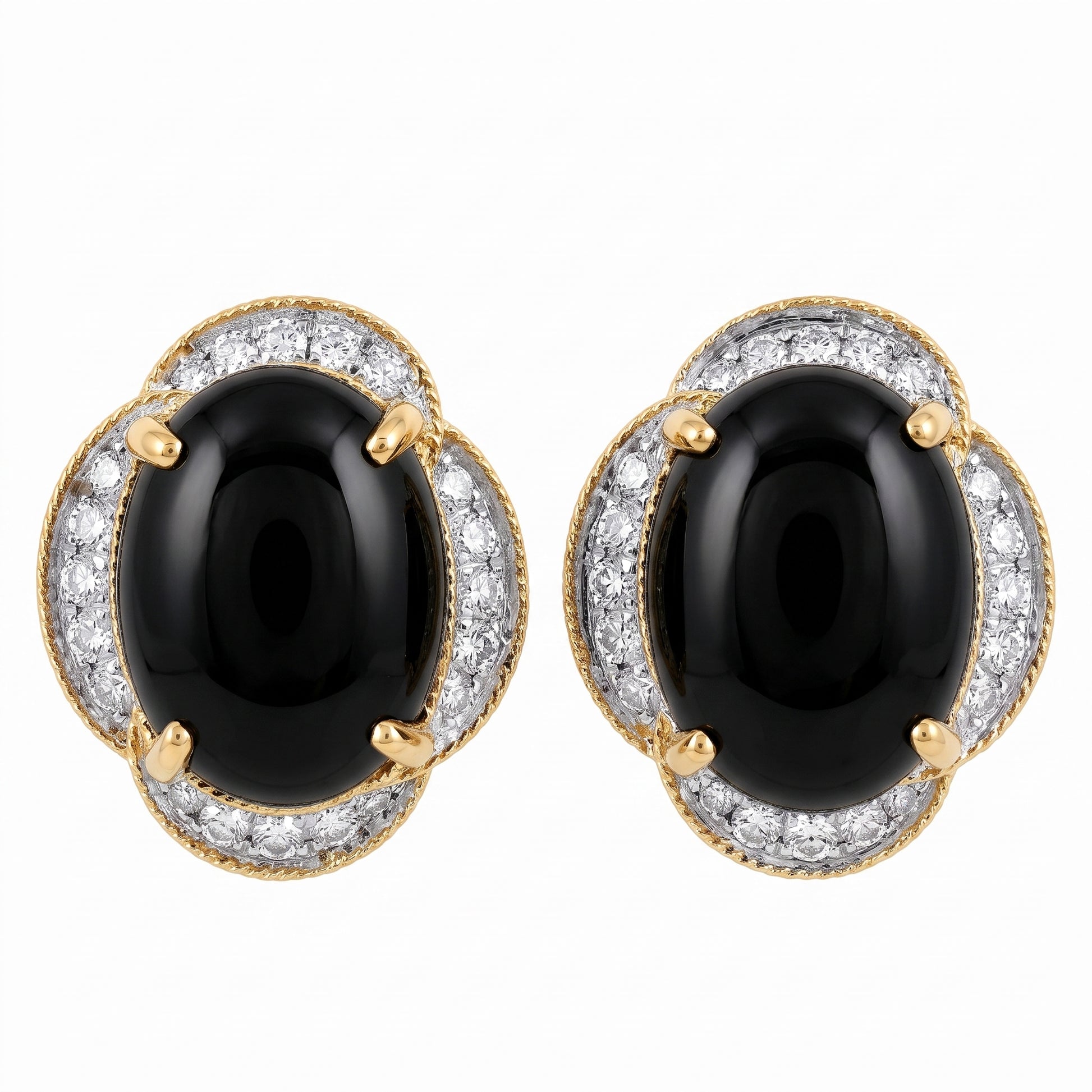 Black Jade & Diamond Clip Earrings in 14K yellow gold - studio white background