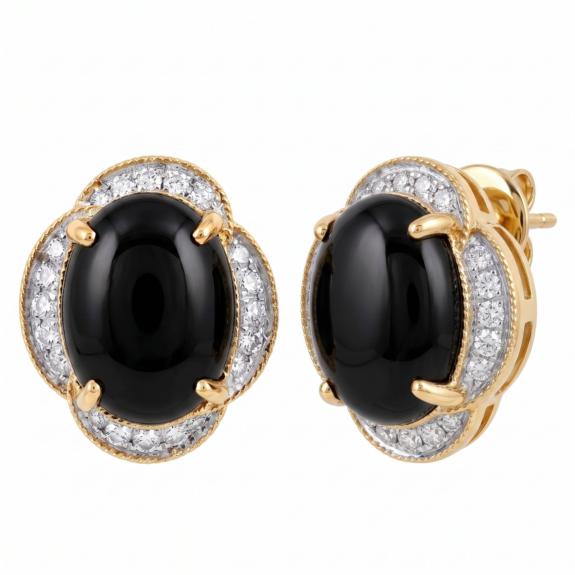 Black Jade & Diamond Clip Earrings in 14K yellow gold - front and rear view showing the French clip post and hinged lever