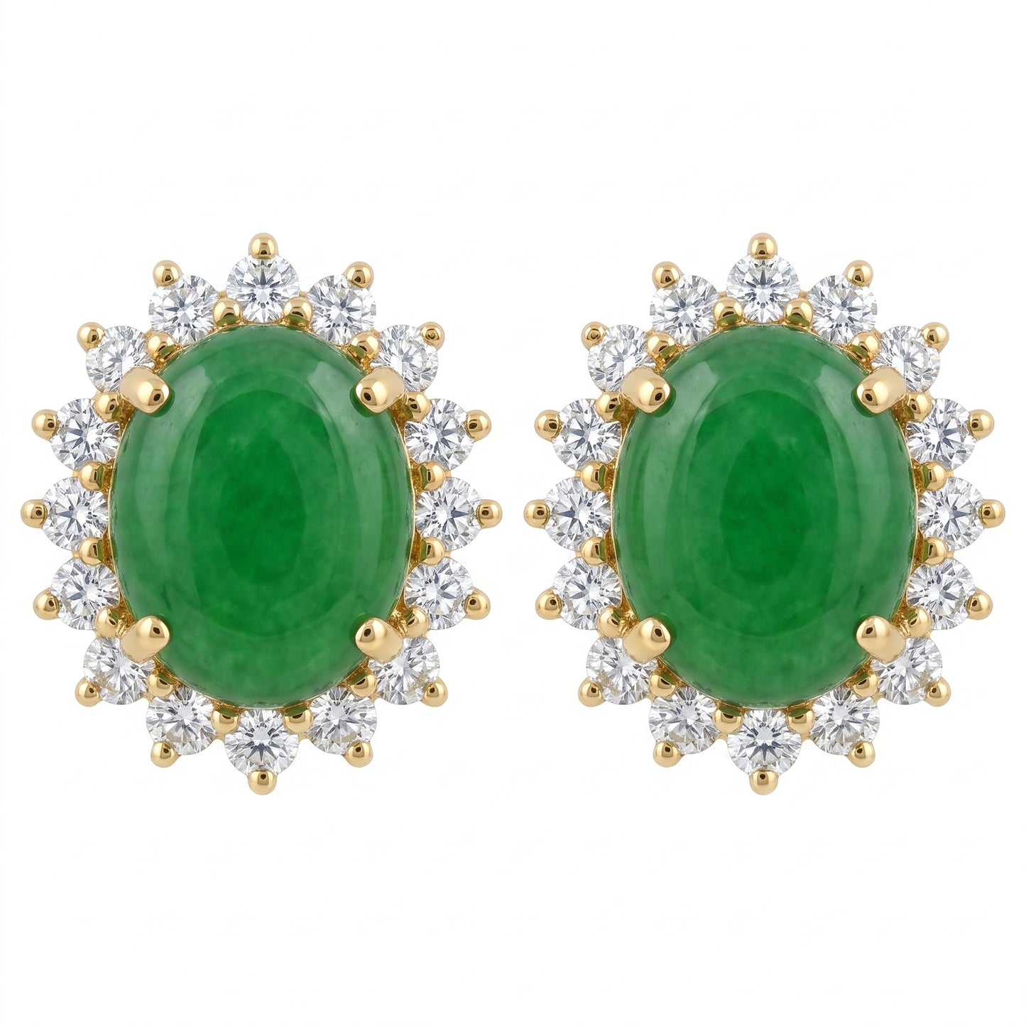 Oval green jade cabochon and 16-diamond halo clip earrings in 14K yellow gold, front view on white