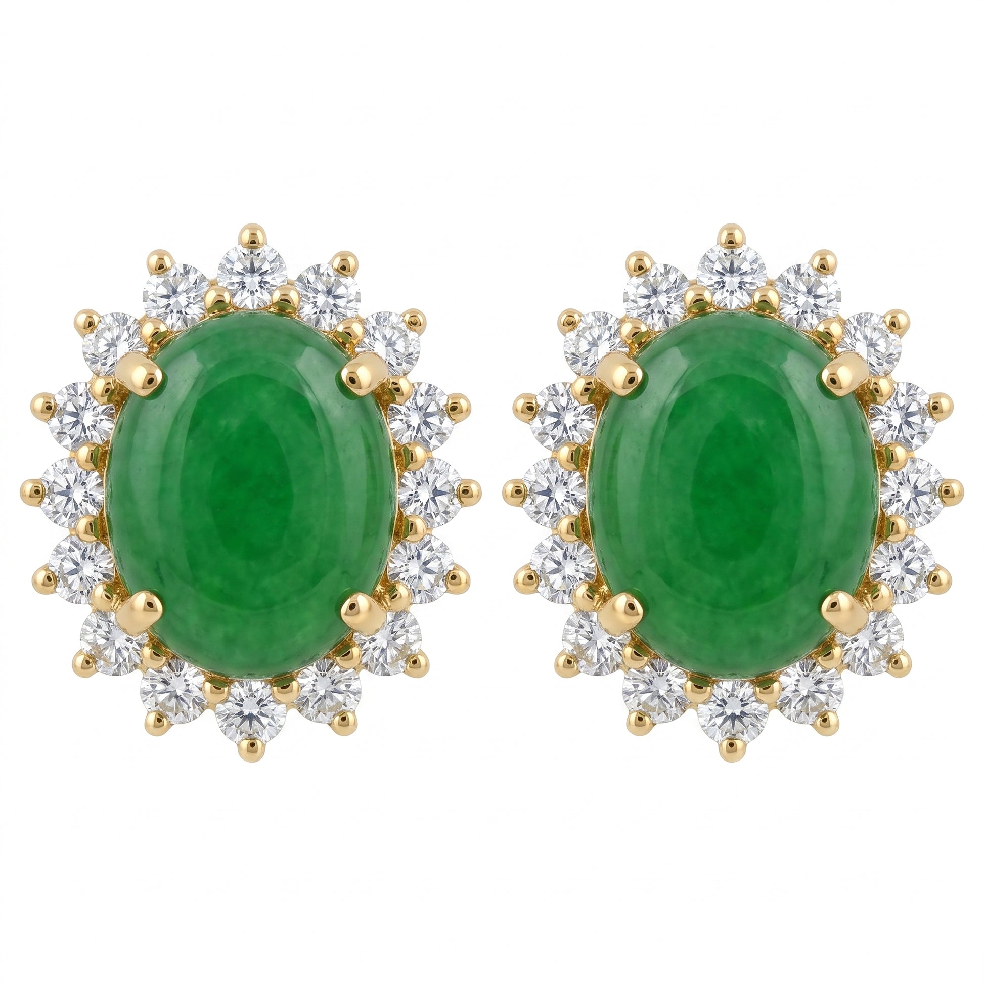 Oval green jade cabochon and 16-diamond halo clip earrings in 14K yellow gold, front view on white