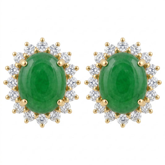 Oval green jade cabochon and 16-diamond halo clip earrings in 14K yellow gold, front view on white
