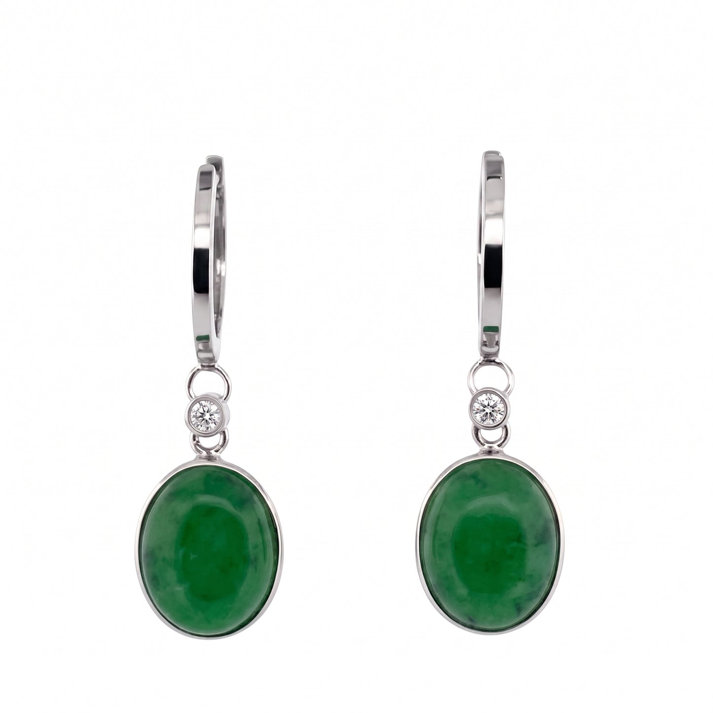 8x10mm Green Jade & 2-Diamond Dangle Hoop Earrings in 14K white gold - white background view