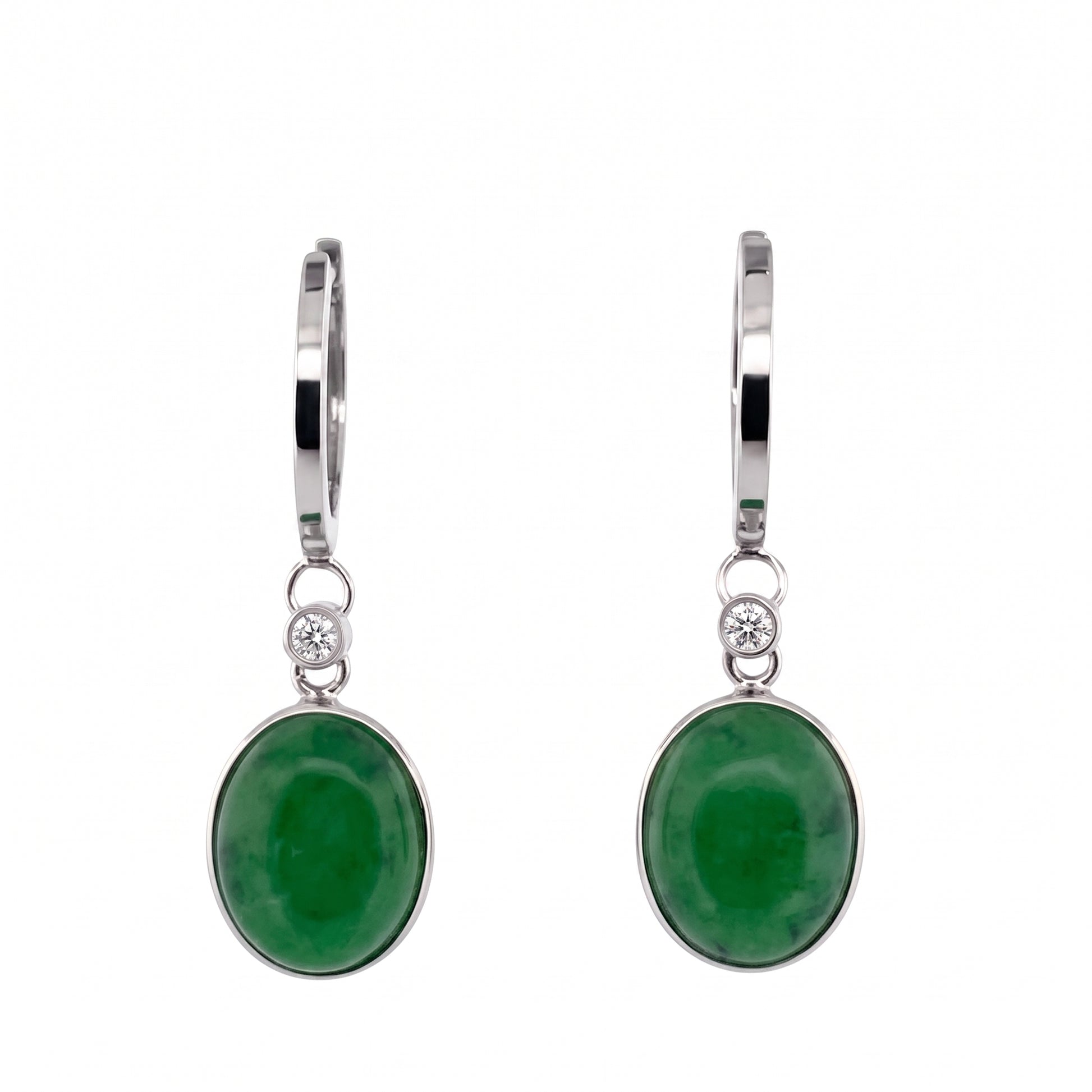 8x10mm Green Jade & 2-Diamond Dangle Hoop Earrings in 14K white gold - white background view