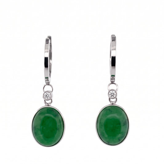 8x10mm Green Jade & 2-Diamond Dangle Hoop Earrings in 14K white gold - white background view