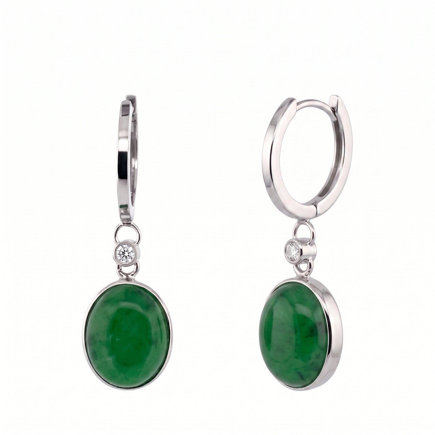 8x10mm Green Jade & 2-Diamond Dangle Hoop Earrings in 14K white gold - angled white background view