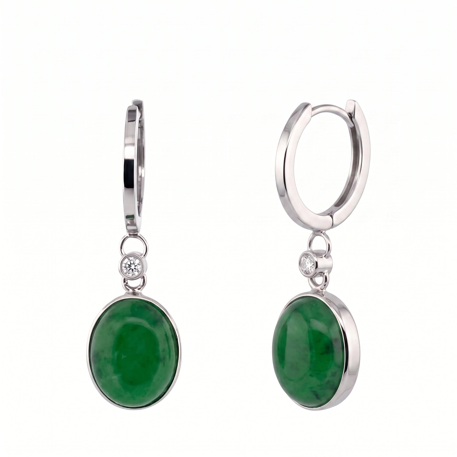8x10mm Green Jade & 2-Diamond Dangle Hoop Earrings in 14K white gold - angled white background view
