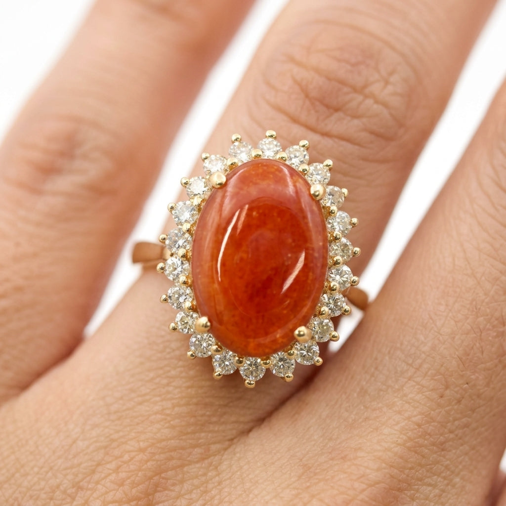 Oval Red Jade & Diamond Ring