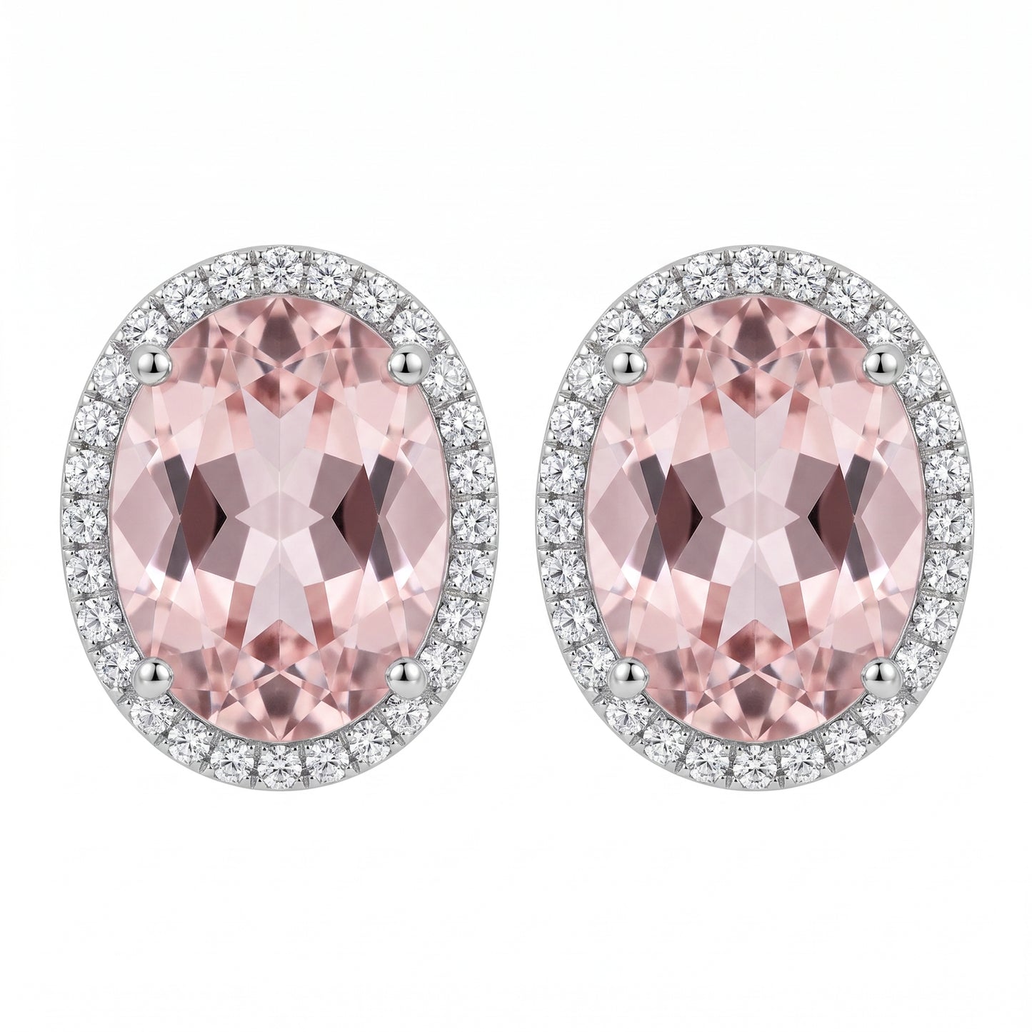 14k white gold oval kunzite and round diamond halo stud earrings, white background