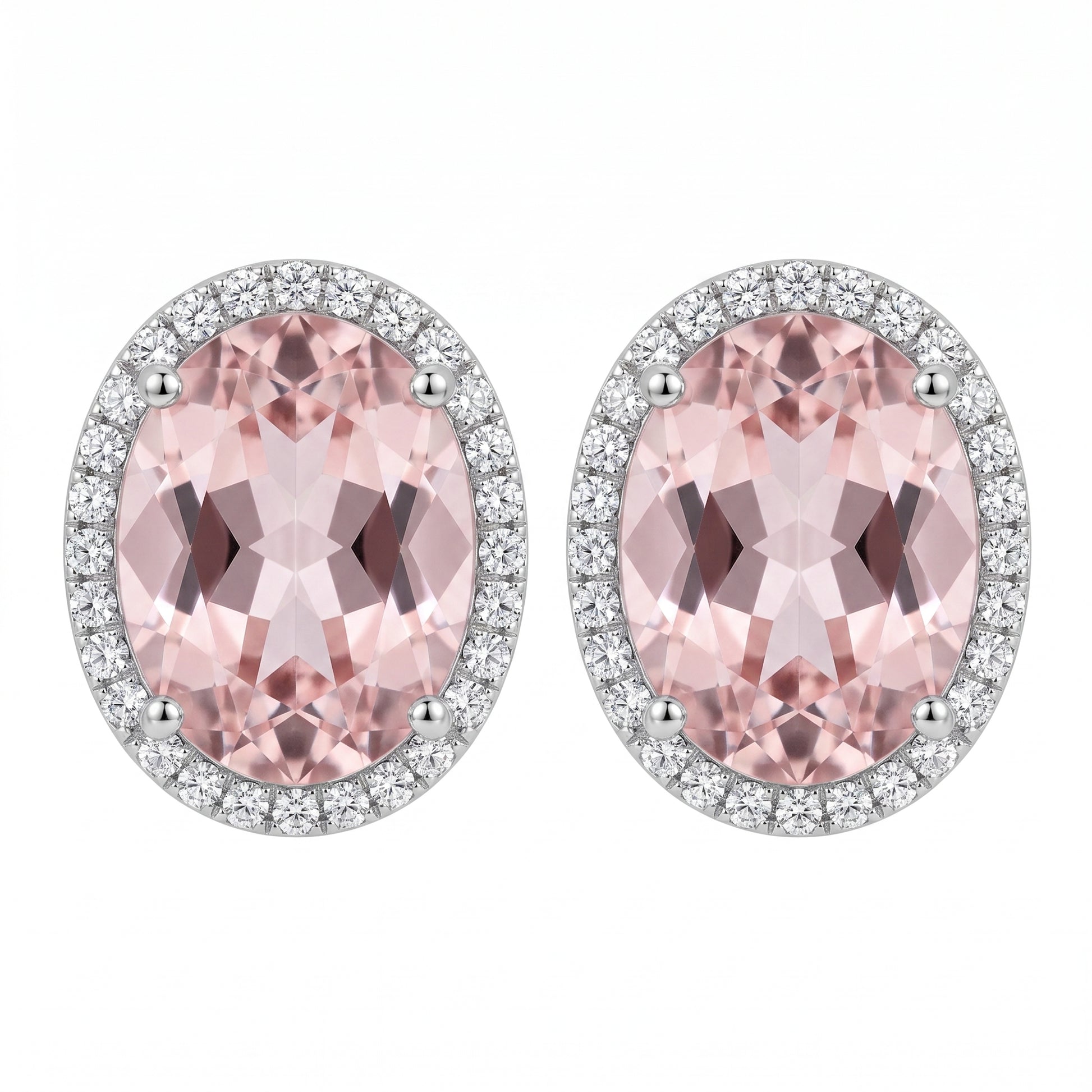 14k white gold oval kunzite and round diamond halo stud earrings, white background