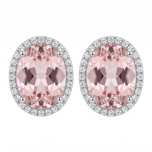 14k white gold oval kunzite and round diamond halo stud earrings, white background