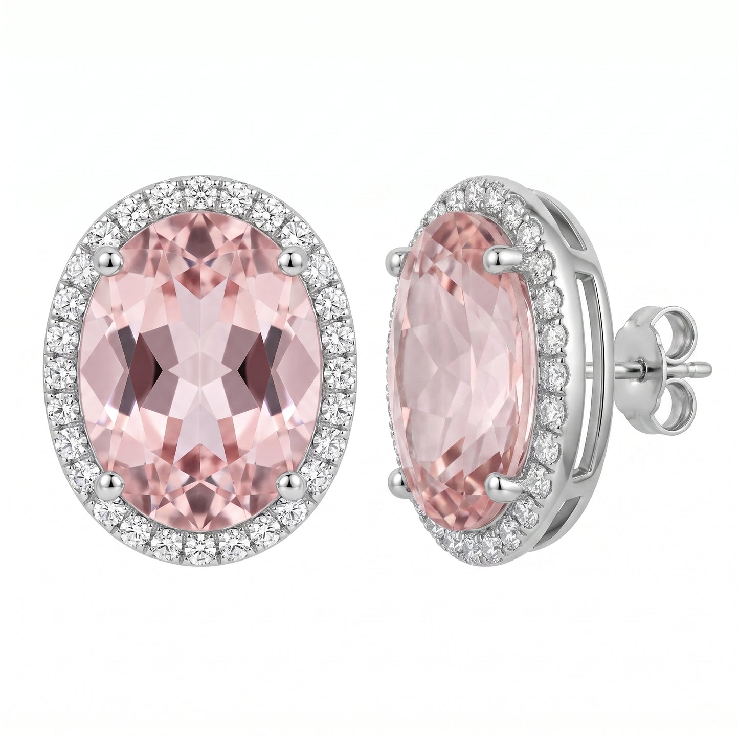 14k white gold oval kunzite and round diamond halo stud earrings, second view, white background