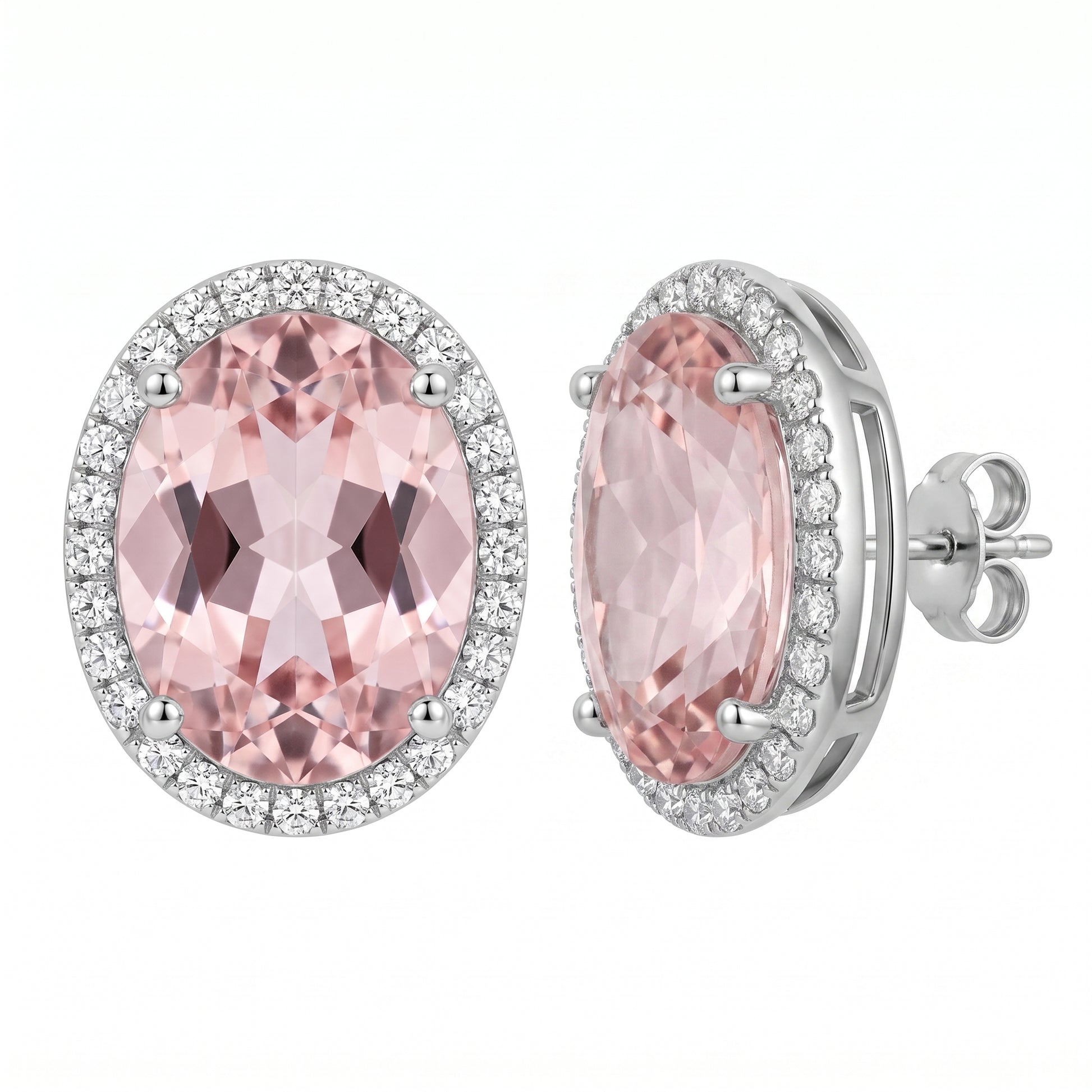 14k white gold oval kunzite and round diamond halo stud earrings, second view, white background