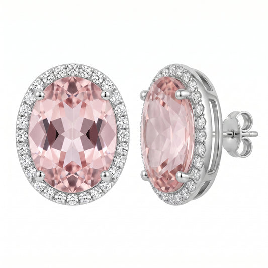 14k white gold oval kunzite and round diamond halo stud earrings, second view, white background