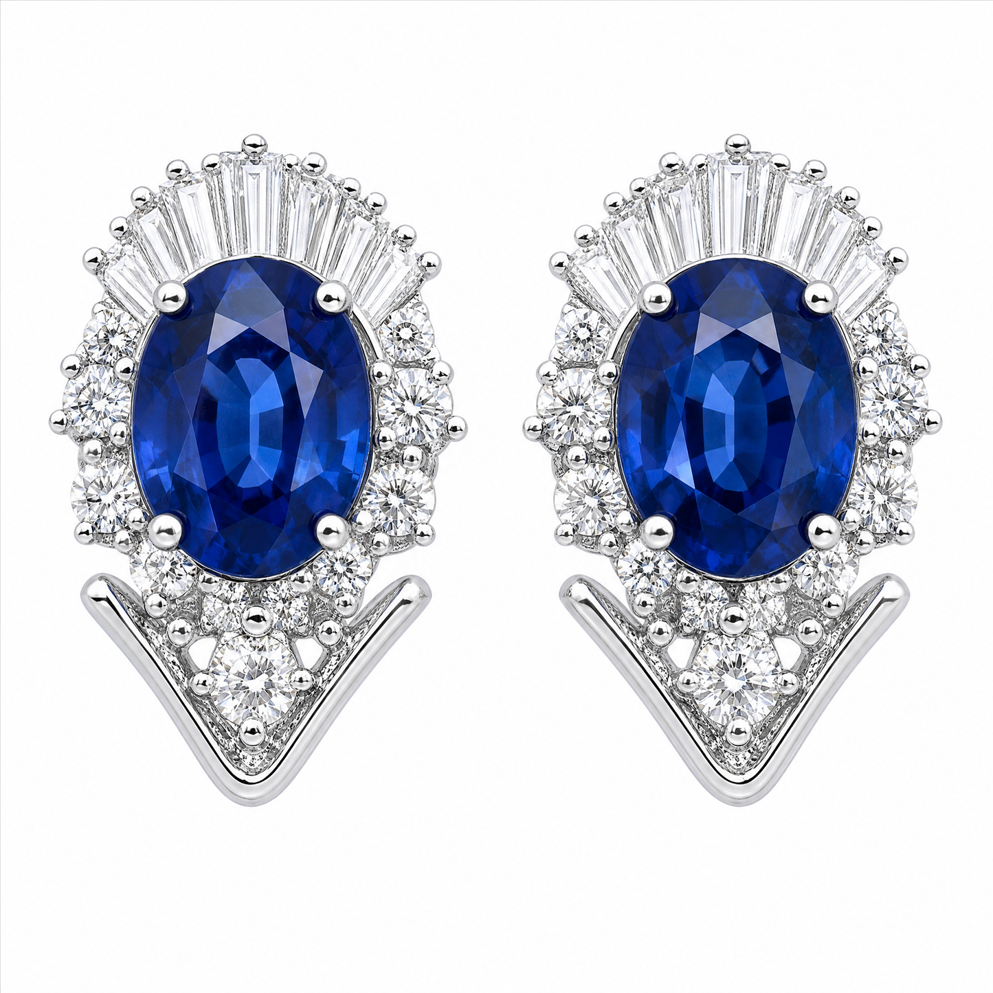 ME26811W W-1 frontal pair - oval blue sapphire ballerina clip earrings with tapered baguette and round diamond fan