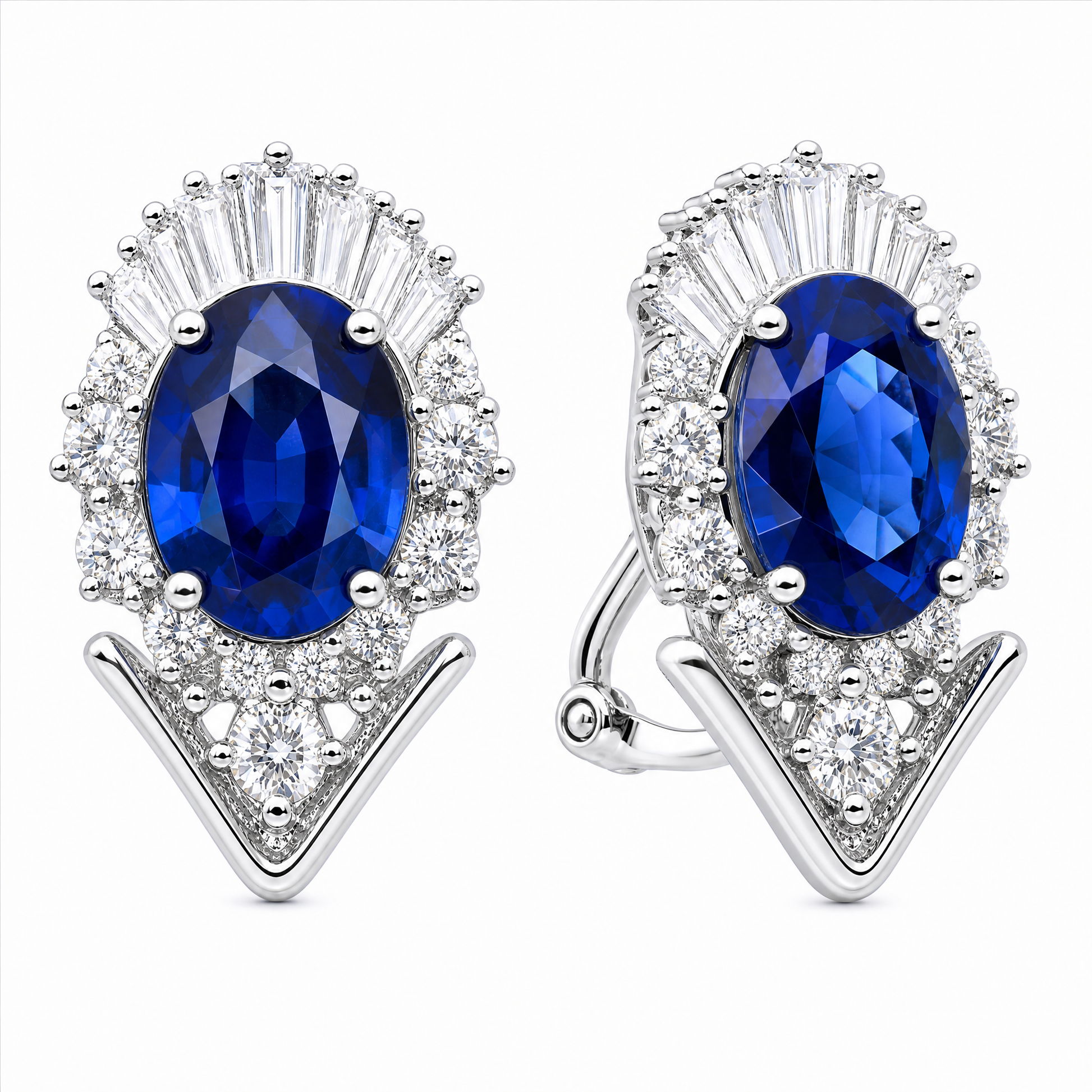 ME26811W W-2 front and turned view showing post and hinged omega clip lever - oval sapphire ballerina clip earrings