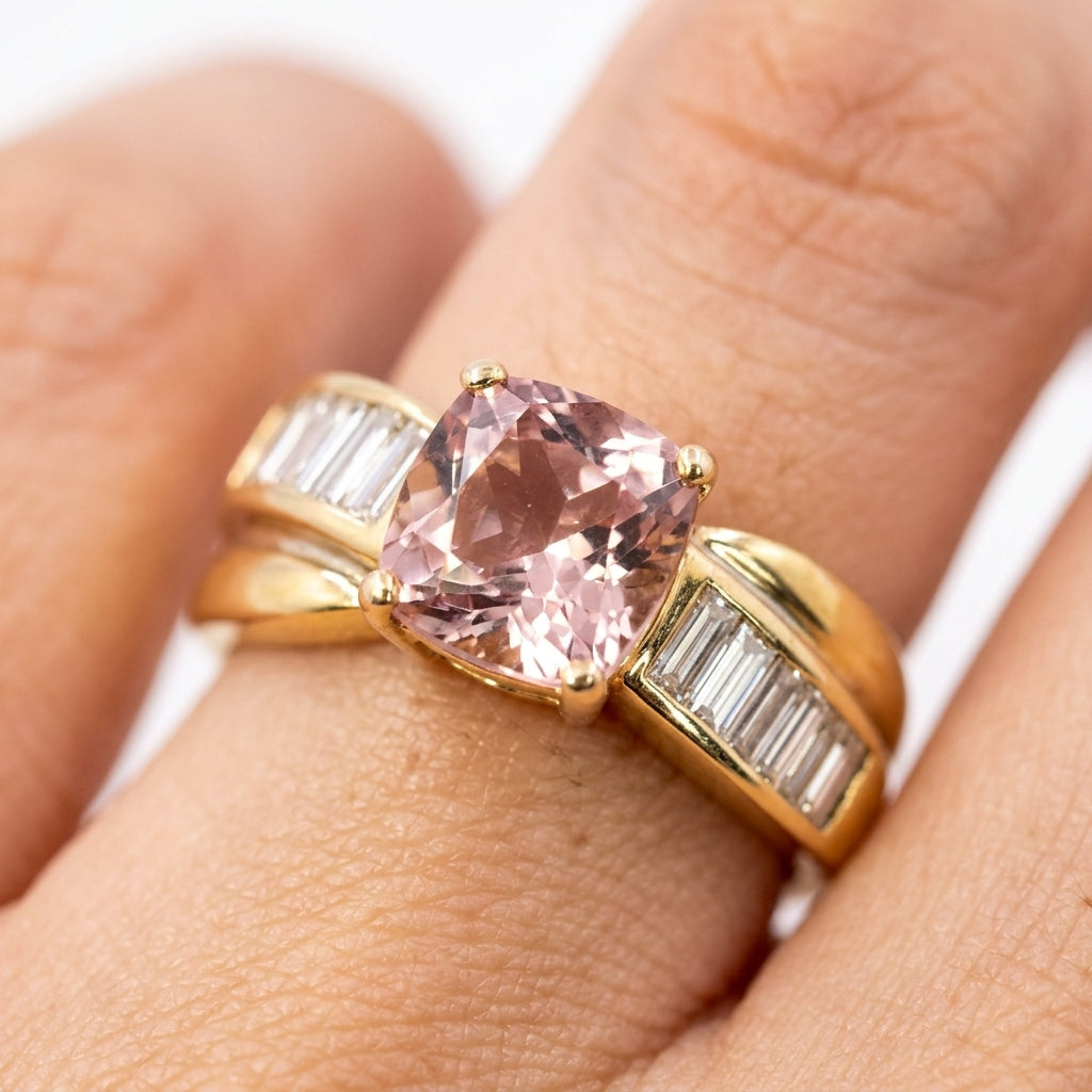 Cushion Morganite 12 Tapered Baguette Diamond Band Ring