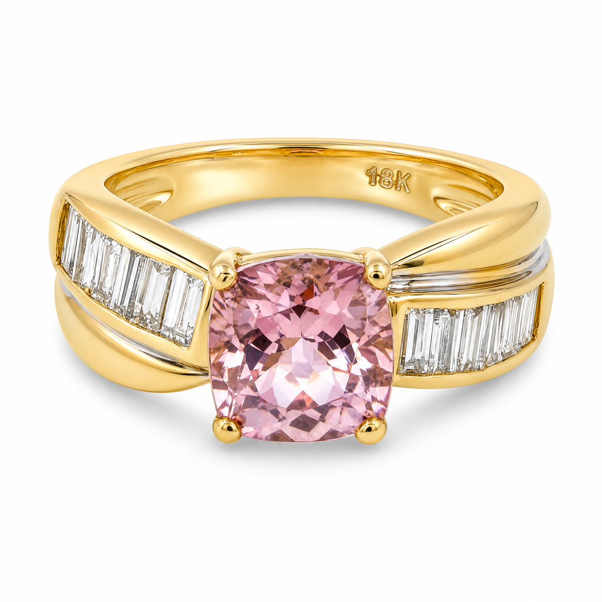 Cushion Morganite 12 Tapered Baguette Diamond Band Ring