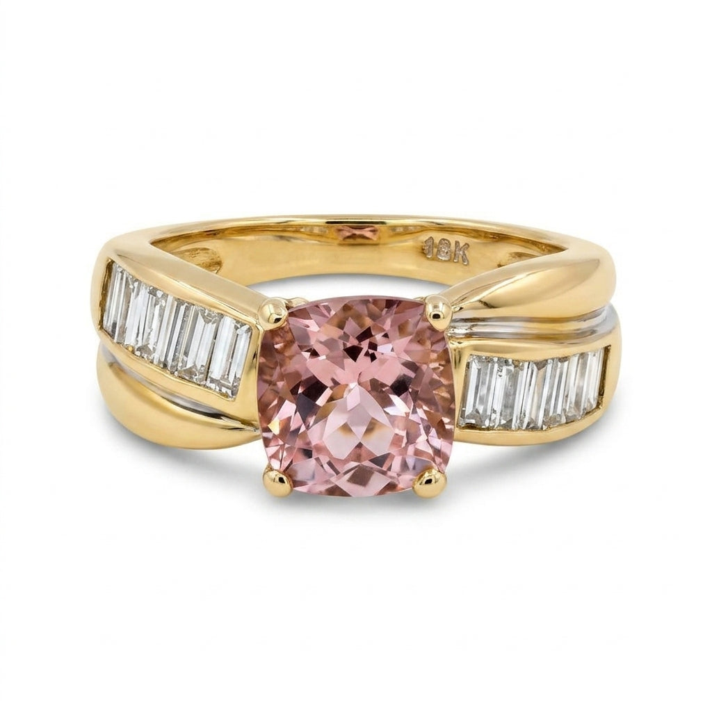 Cushion Morganite 12 Tapered Baguette Diamond Band Ring