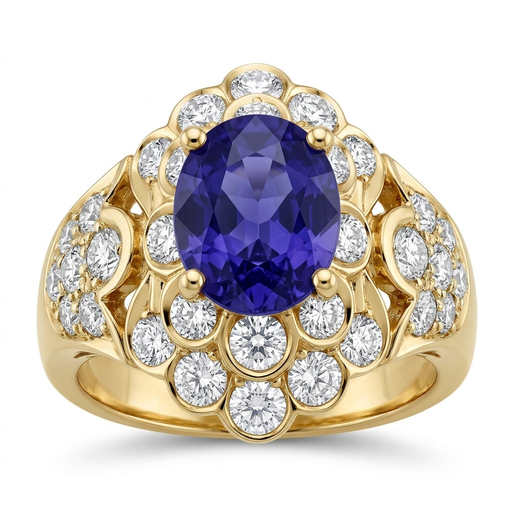 Sapphire & Diamond Domed Cluster Halo Ring