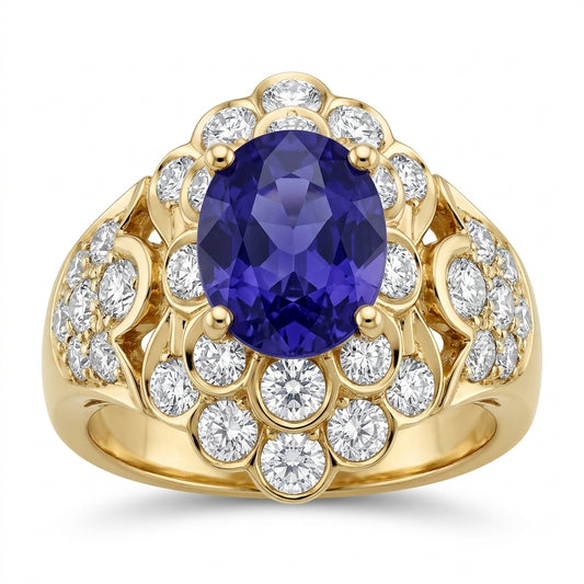 Sapphire & Diamond Domed Cluster Halo Ring