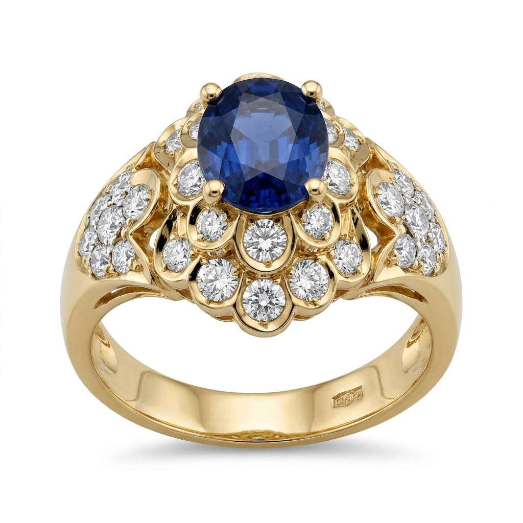Sapphire & Diamond Domed Cluster Halo Ring