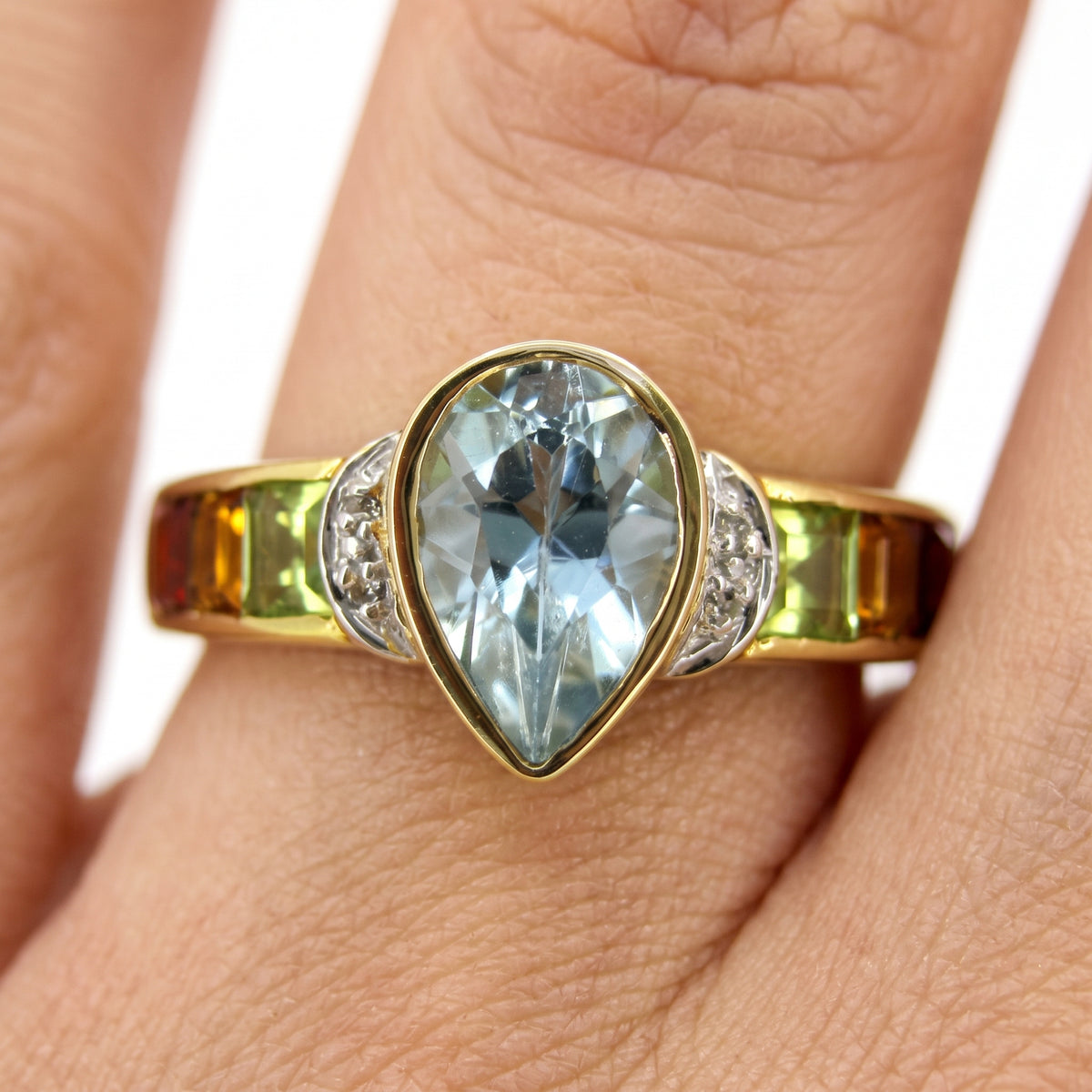 Pear Blue Topaz & 6 Square Multi-Color Stone Ring