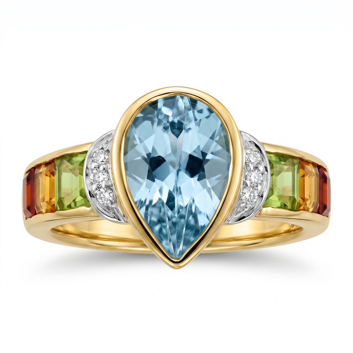 Pear Blue Topaz & 6 Square Multi-Color Stone Ring