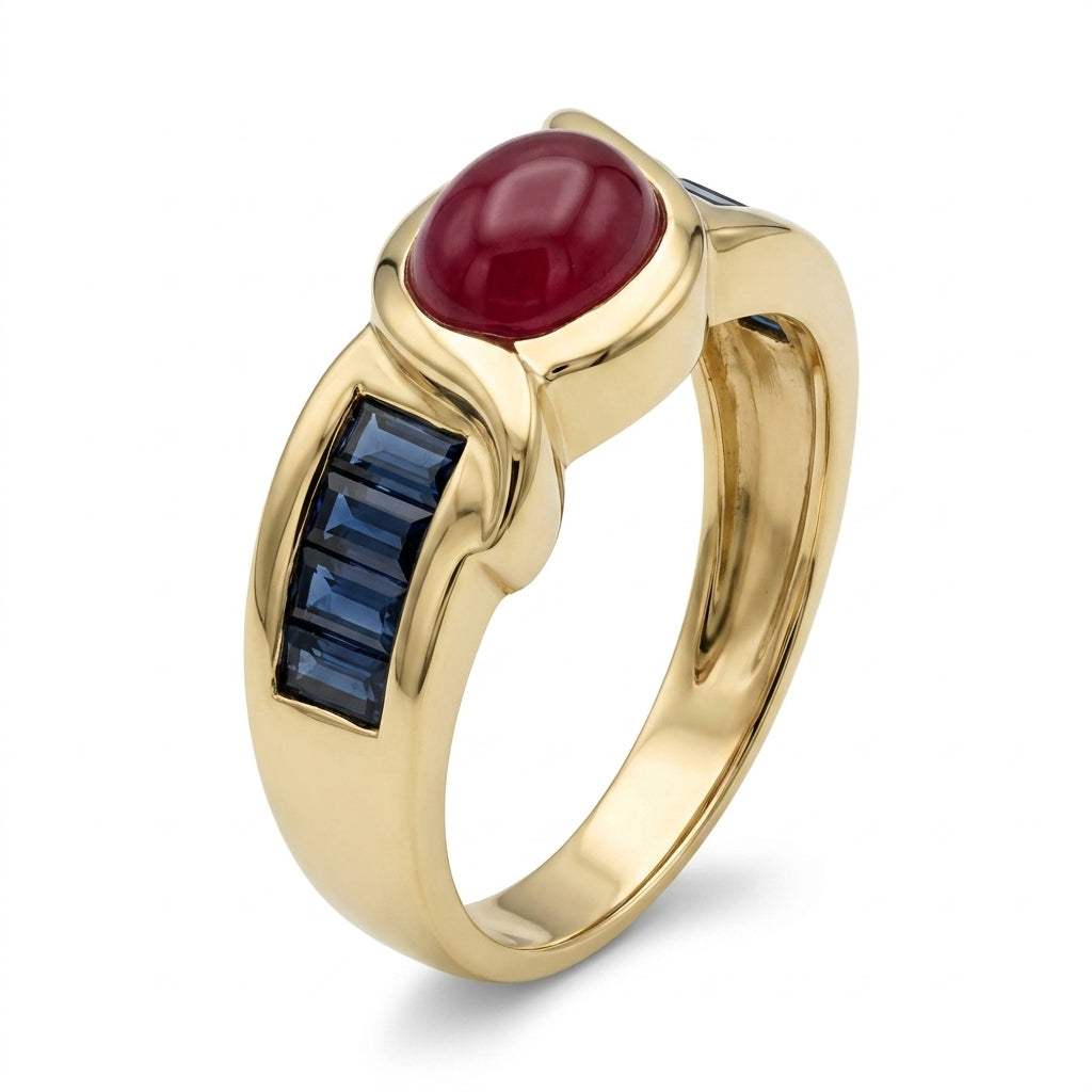 Cabochon Ruby & Baguette Sapphire Ring