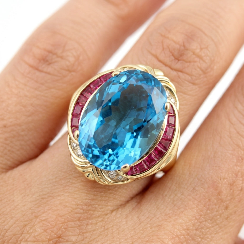 13x18mm Oval Blue Topaz, 16 Tapered Ruby & 8-Diamond Ring