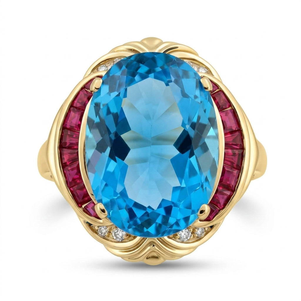 13x18mm Oval Blue Topaz, 16 Tapered Ruby & 8-Diamond Ring