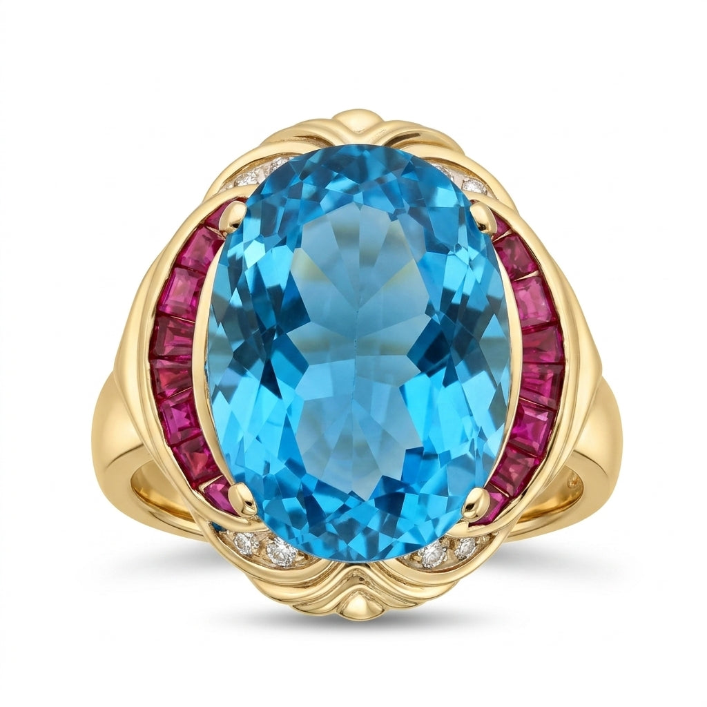 13x18mm Oval Blue Topaz, 16 Tapered Ruby & 8-Diamond Ring
