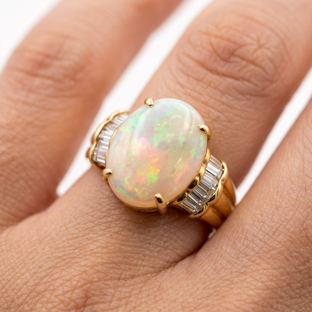 Oval Opal Tapered Baguette Diamond Ring