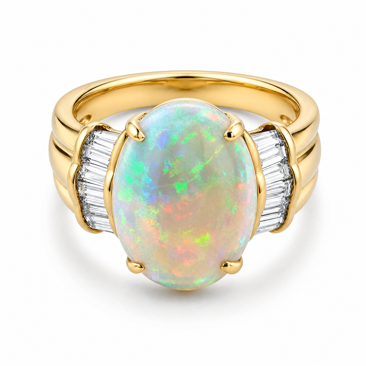 Oval Opal Tapered Baguette Diamond Ring