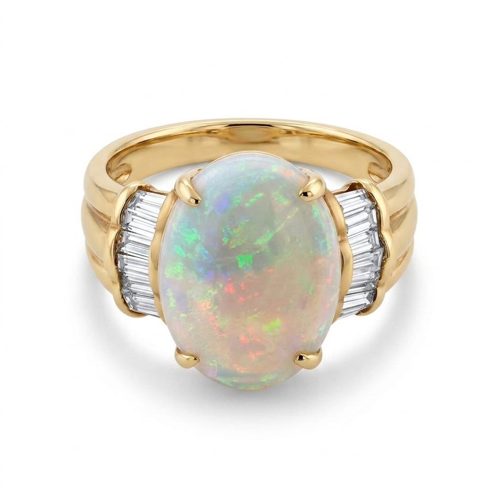 Oval Opal Tapered Baguette Diamond Ring