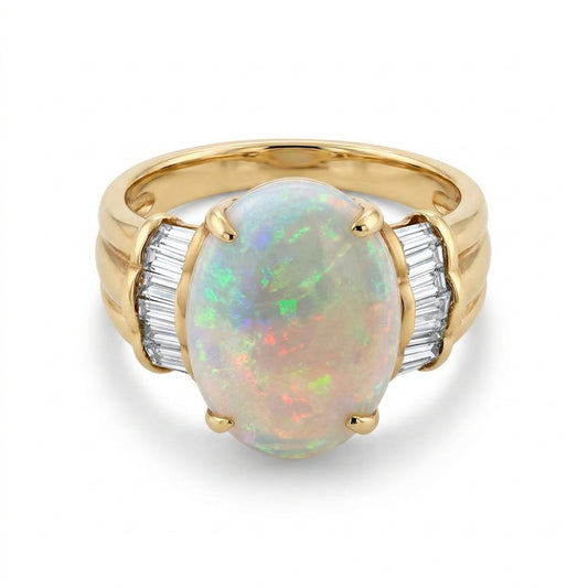 Oval Opal Tapered Baguette Diamond Ring