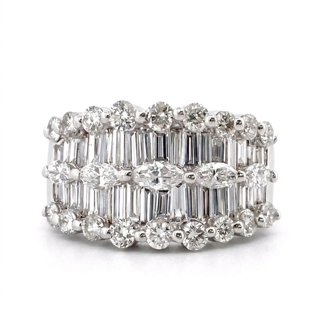 Three-Row Diamond Band Ring with Baguettes and Rounds - white background