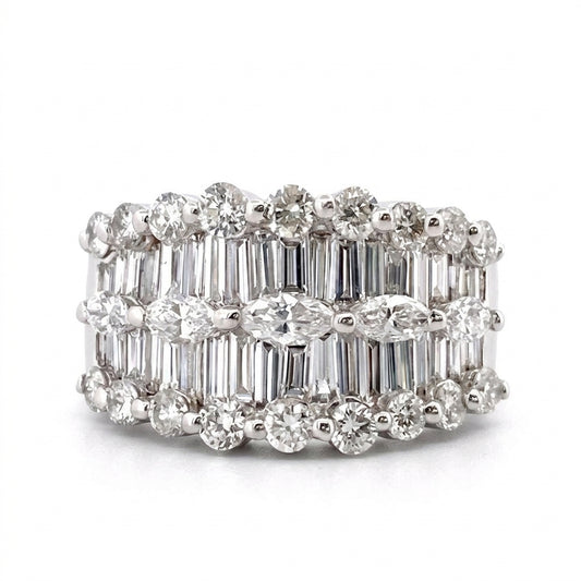 Three-Row Diamond Band Ring with Baguettes and Rounds - white background